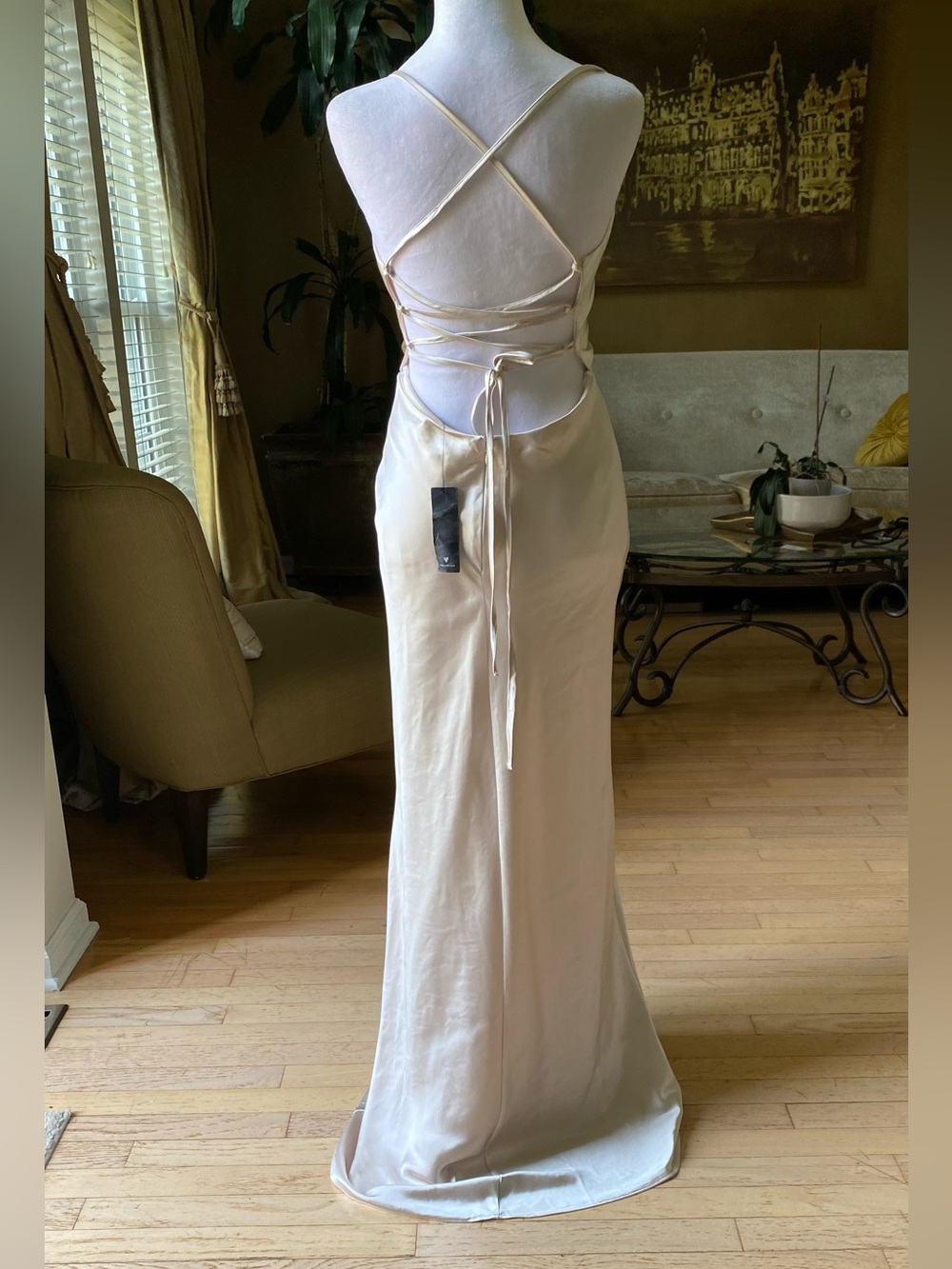 Lulus Inspire Romance Champagne Satin Cowl Neck Lace-Up Maxi Dress Small/ medium - Picture 6 of 16